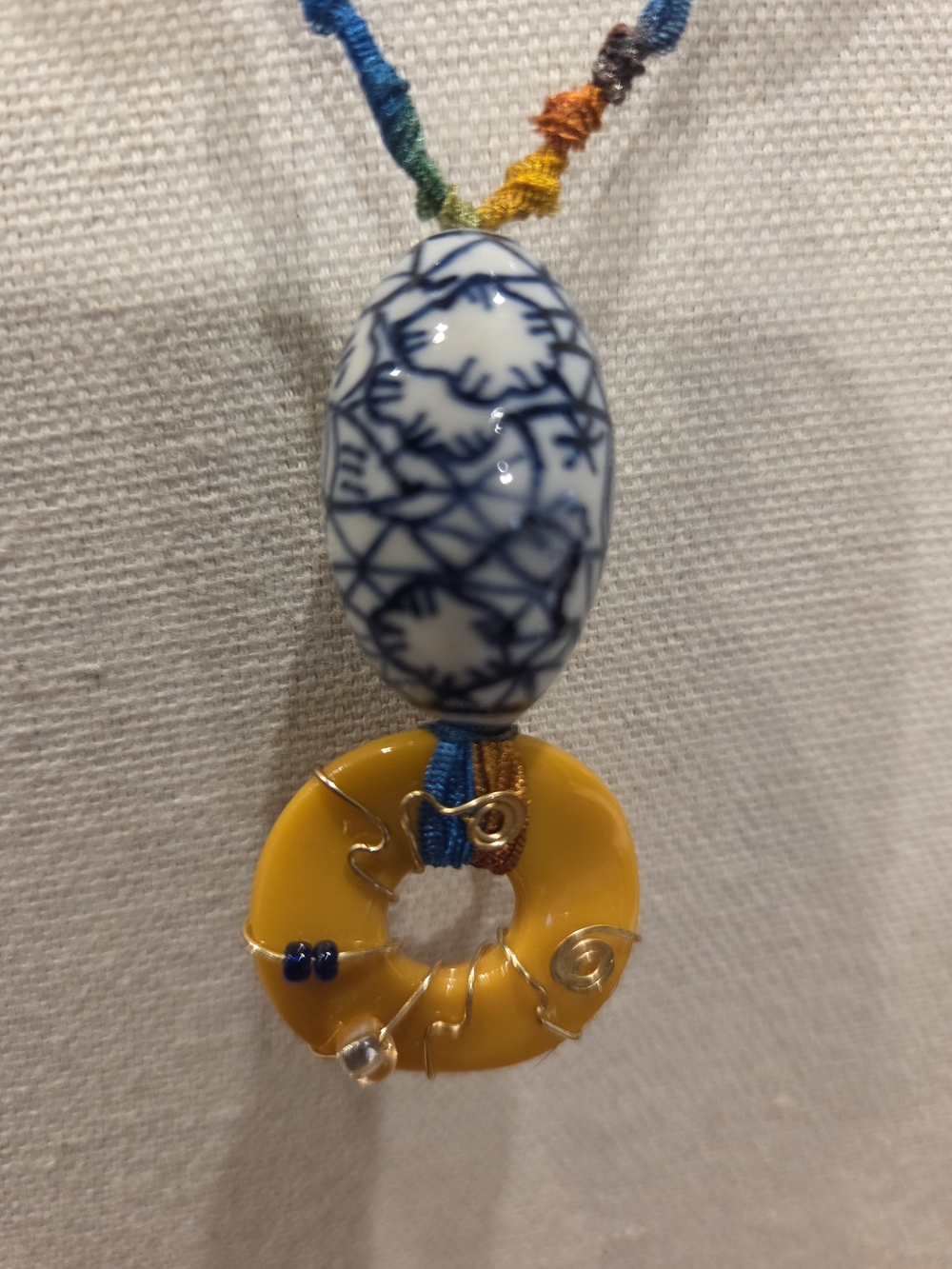 Handcrafted Blue & White Porcelain Bead Necklace with Yellow Donut Pendant